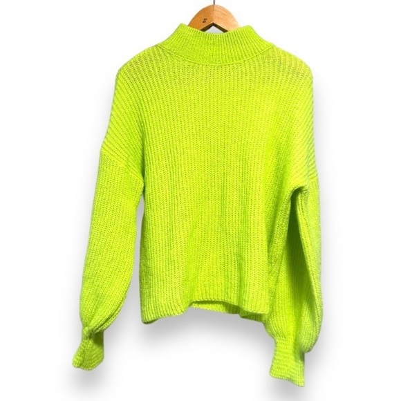 Maeve Betty Puff-Sleeved Neon Lime Green Chunky Mock Neck Sweater Size Medium - Picture 3 of 16